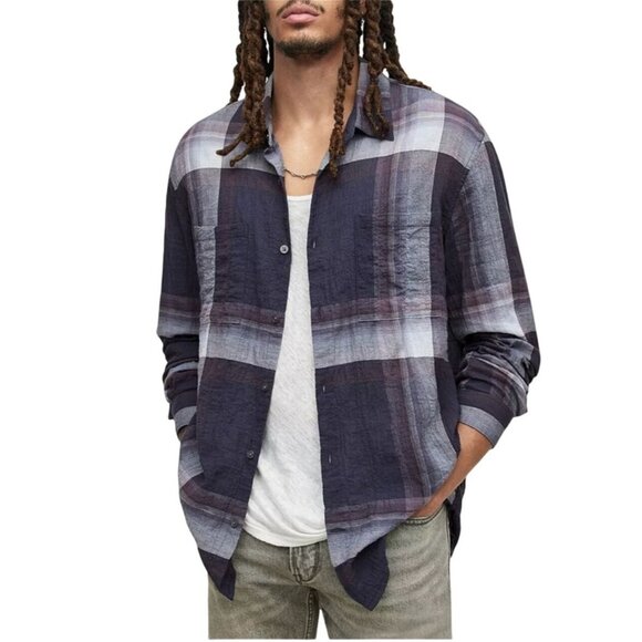 NWT JOHN VARVATOS Cole Plaid Long Sleeve Shirt S Cotton Button Down Plum Wood - Picture 2 of 4